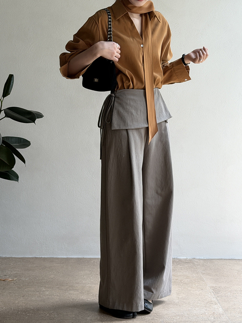 飄帶翻領V領寬鬆氣質長袖襯衫-5色