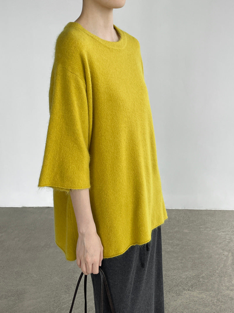韓系慵懶感圓領五分中袖拉毛毛衣-4色