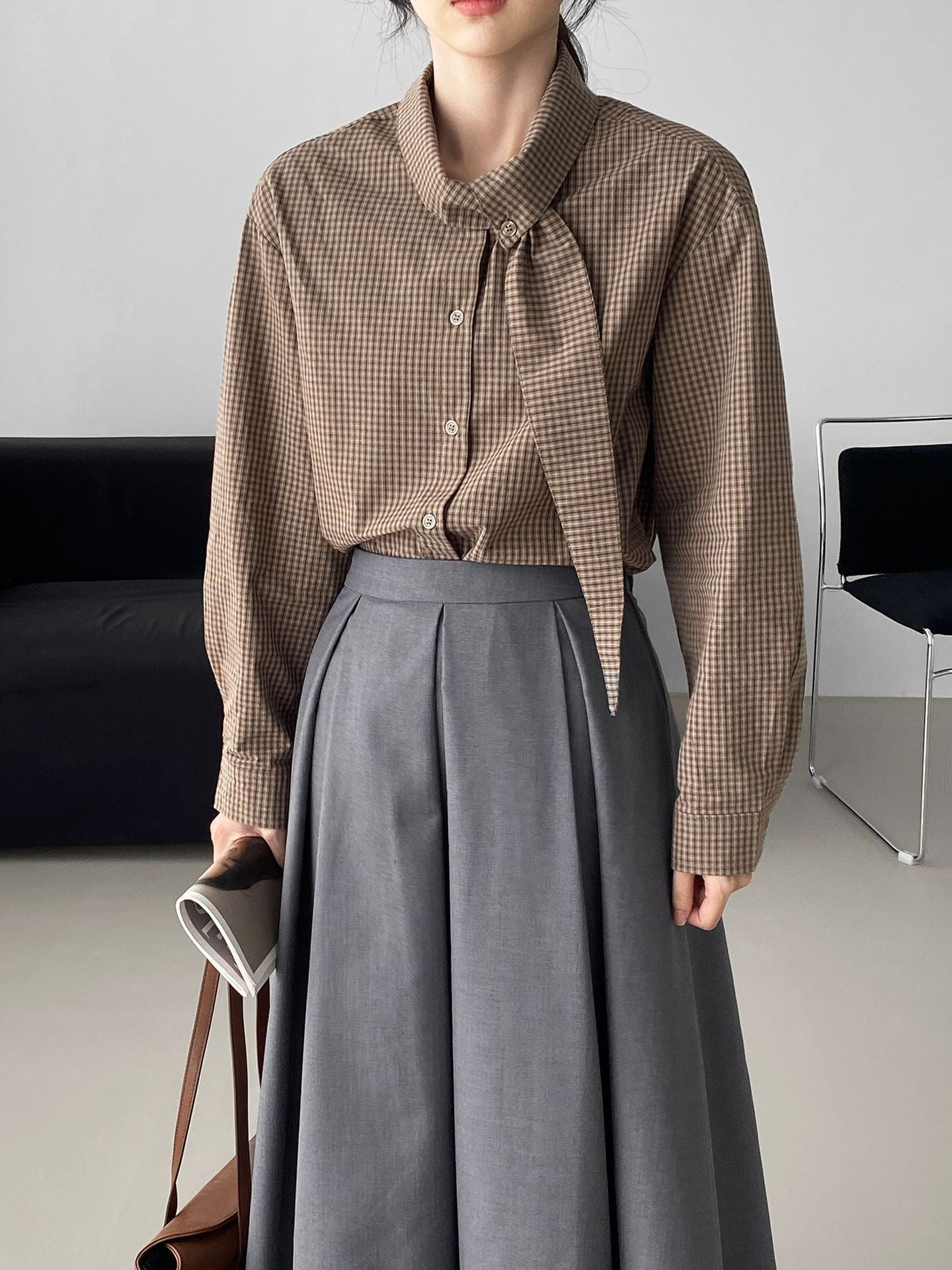 韓系設計感小衆領結格子襯衫-2色