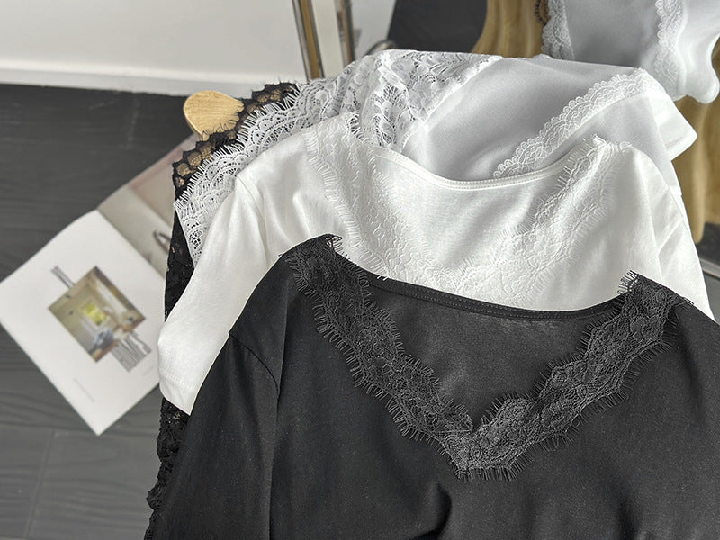 韓系不規則中長款疊穿蕾絲花邊短袖背心上衣-2色