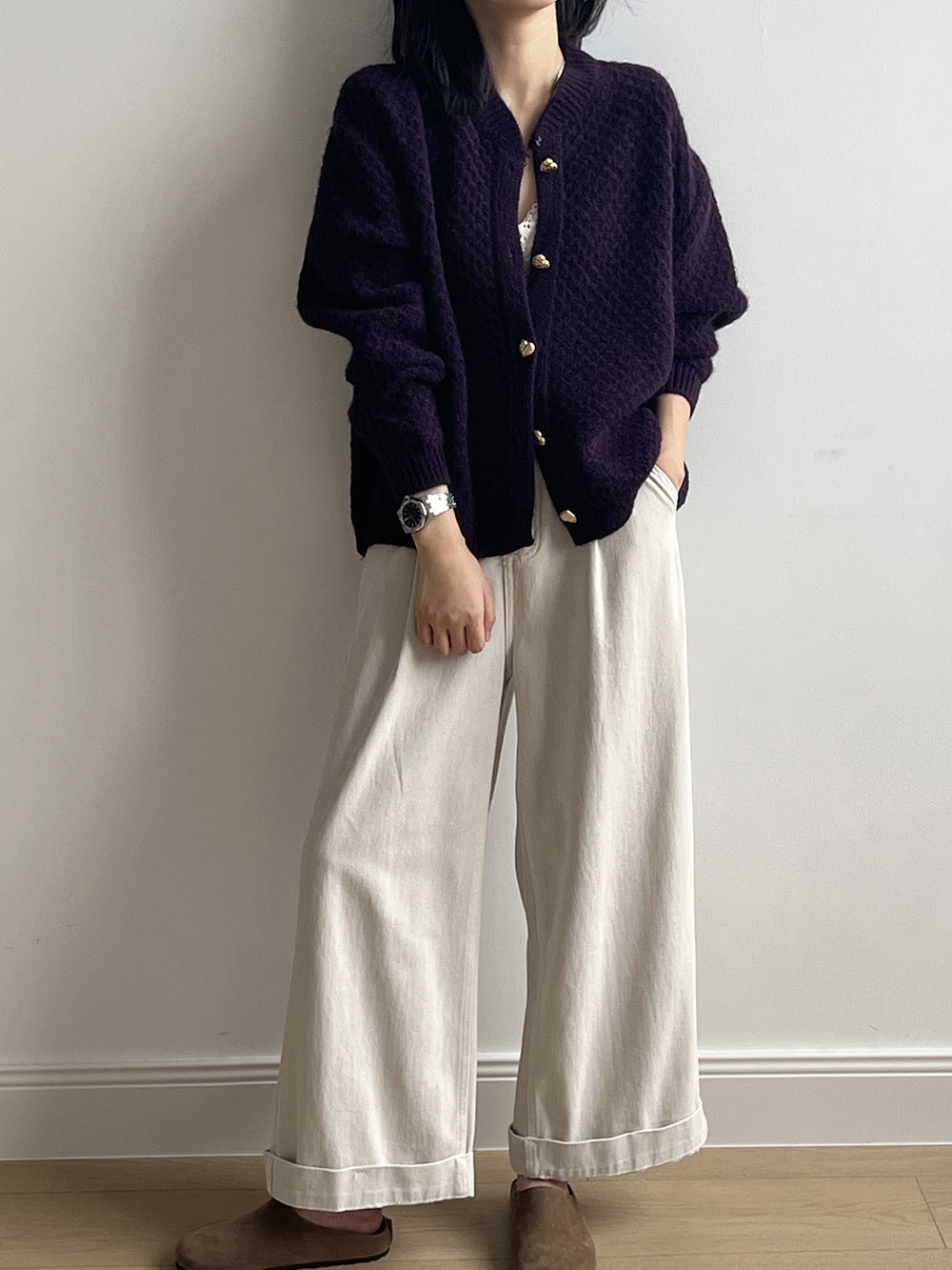 菠蘿紋愛心慵懶扣軟糯針織開衫-3色