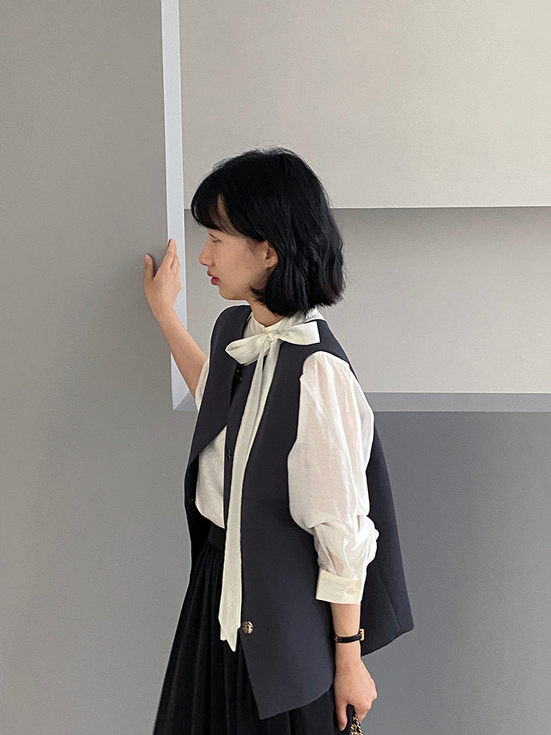 韓版高品質顯瘦西裝無袖馬甲+半身裙+配腰帶-三件式套裝