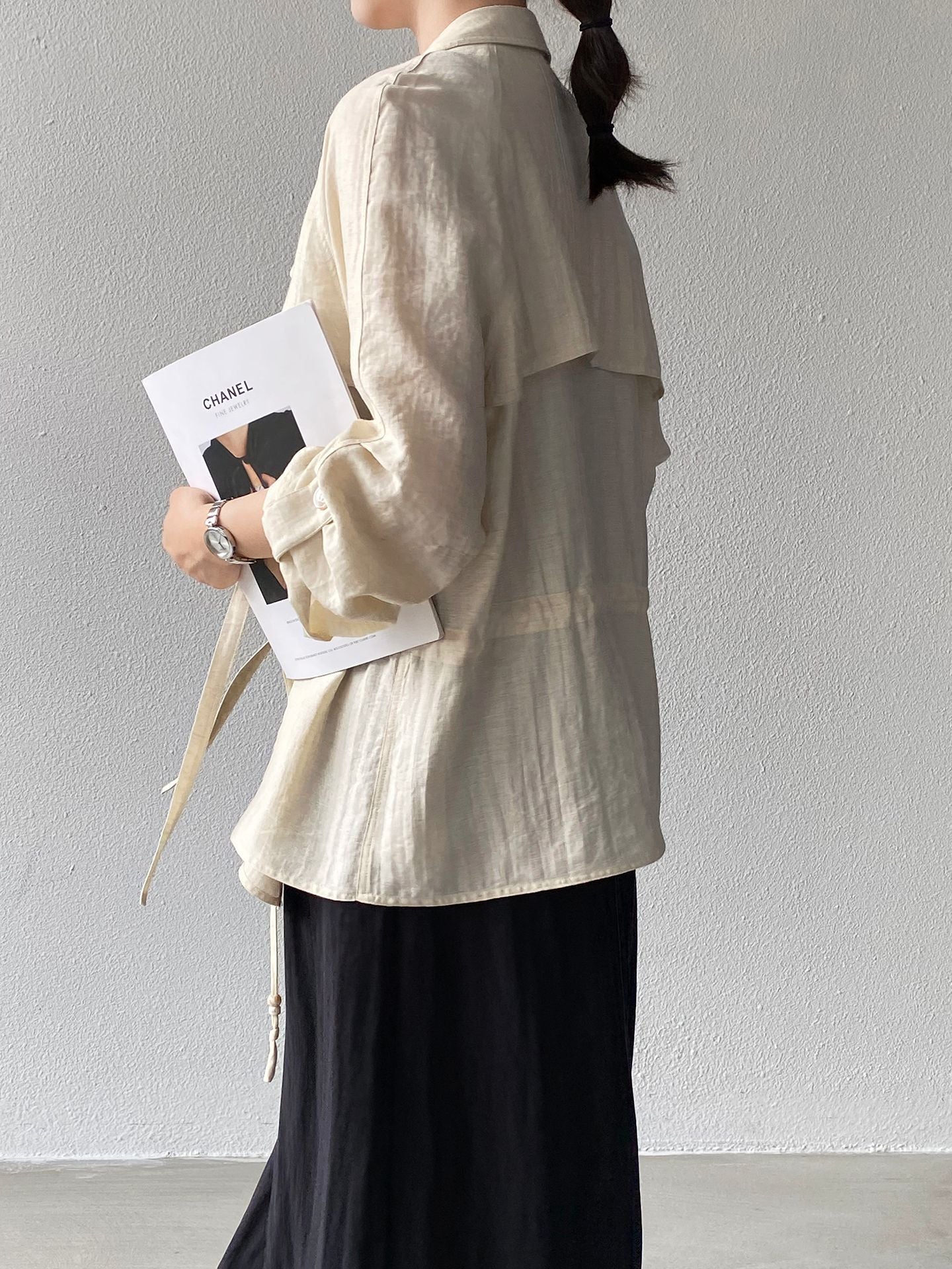法式杏色亞麻收腰防曬襯衫