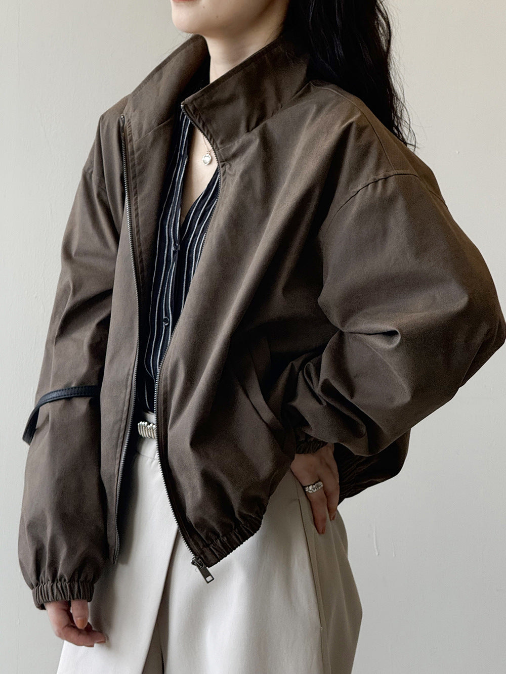美式休閒短款立領工裝拉鍊夾克外套