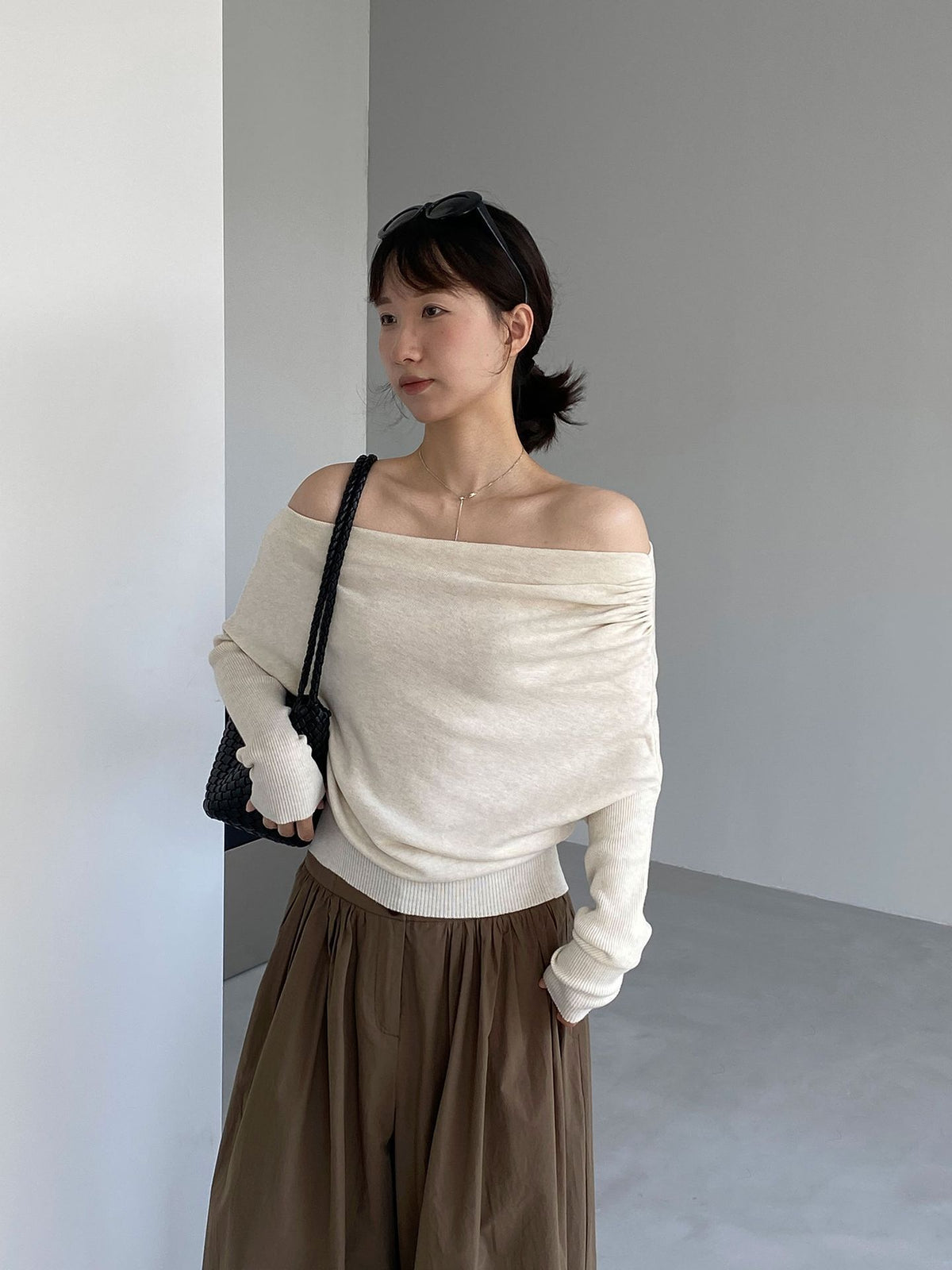 法式一字領斜肩設計感針織上衣-4色