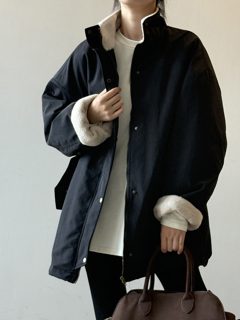 韓系設計感立領羊羔毛工裝保暖派克外套-2色