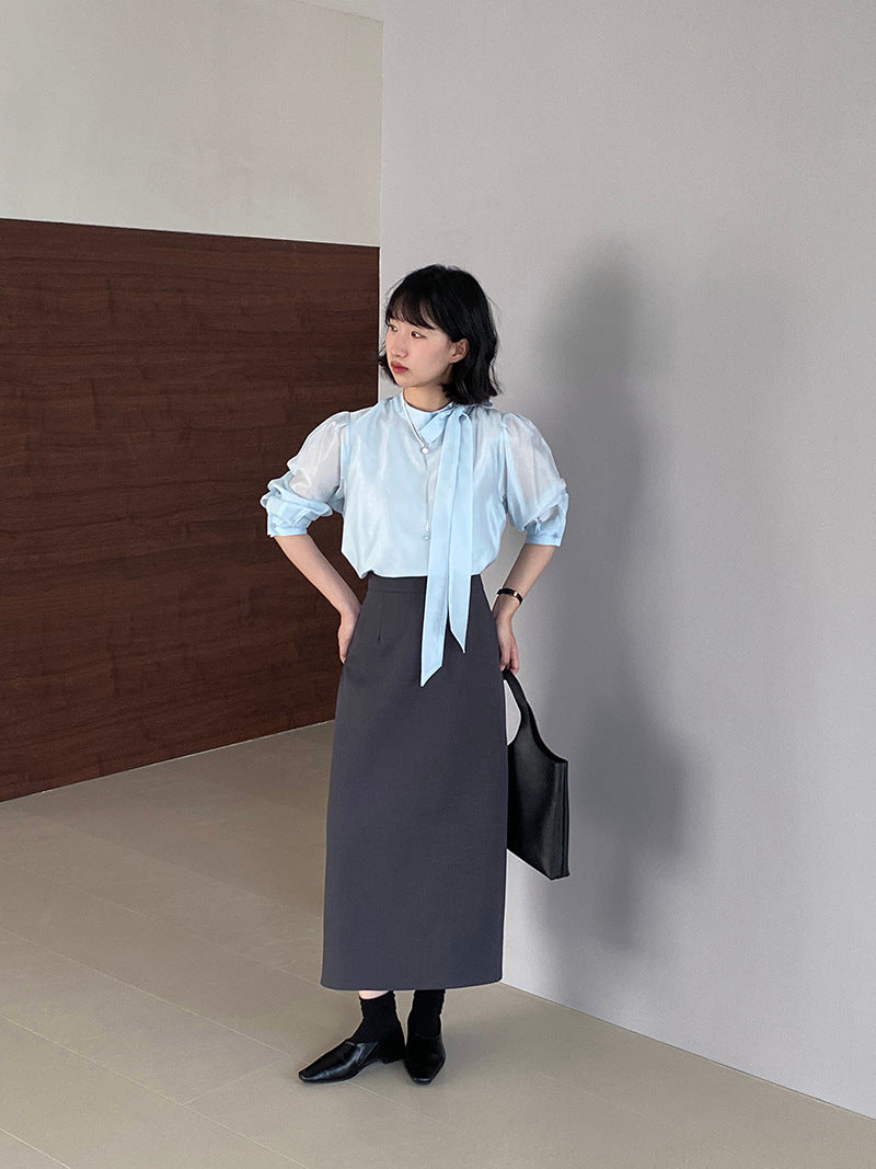 韓版高品質顯瘦西裝無袖馬甲+半身裙+配腰帶-三件式套裝