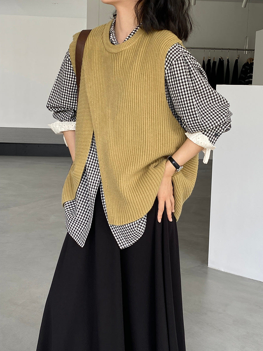 韓版不規則疊穿百搭款針織馬甲上衣-3色