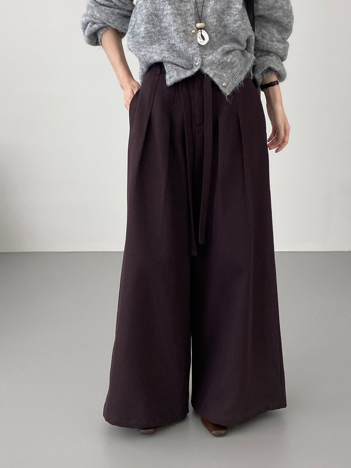 韓系簡約天絲棉繫帶闊腿褲-2色