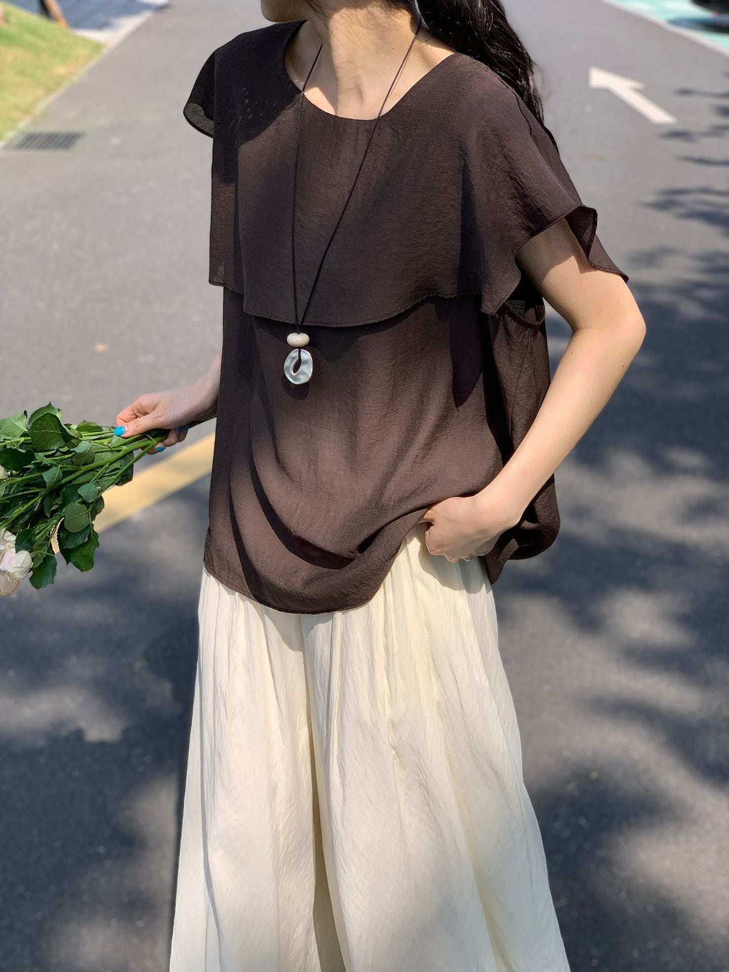 新中式拼接荷葉邊短袖披肩上衣-3色