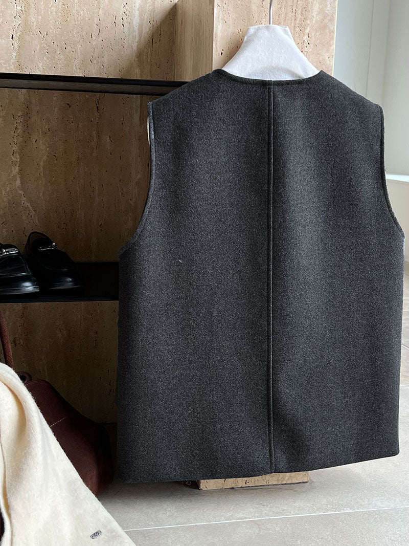 高級感寬鬆毛呢疊穿氣質圓領馬甲