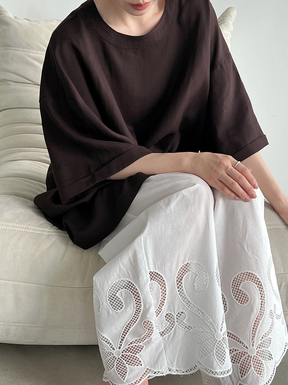 國風刺繡鏤空高腰鬆緊闊腿休閒褲