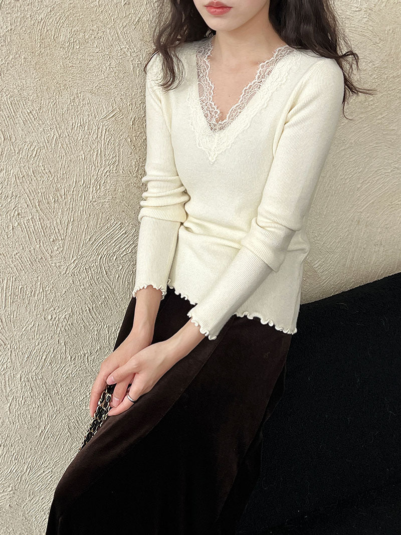 法式修身氣質蕾絲V領顯瘦內搭針織上衣-3色