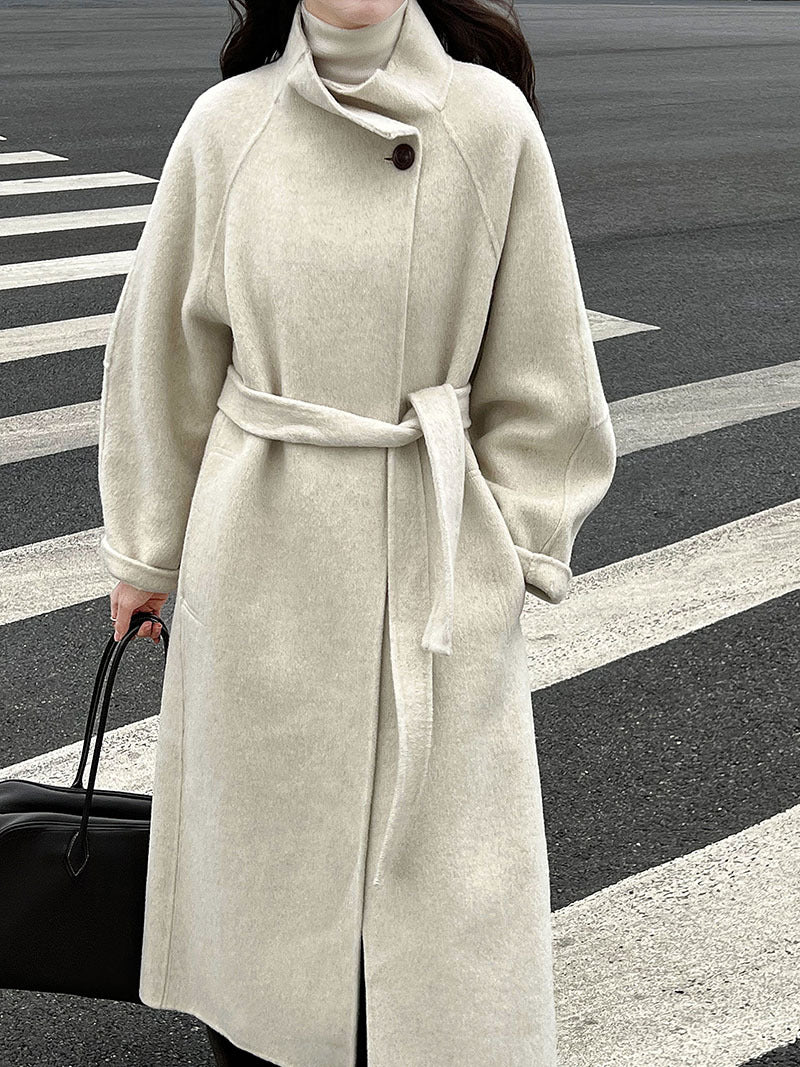 韓版慵懶斜扣領長款雙面呢羊毛大衣外套-3色
