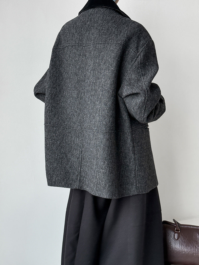 韓系復古翻領氣質撞色羊毛夾克外套-2色