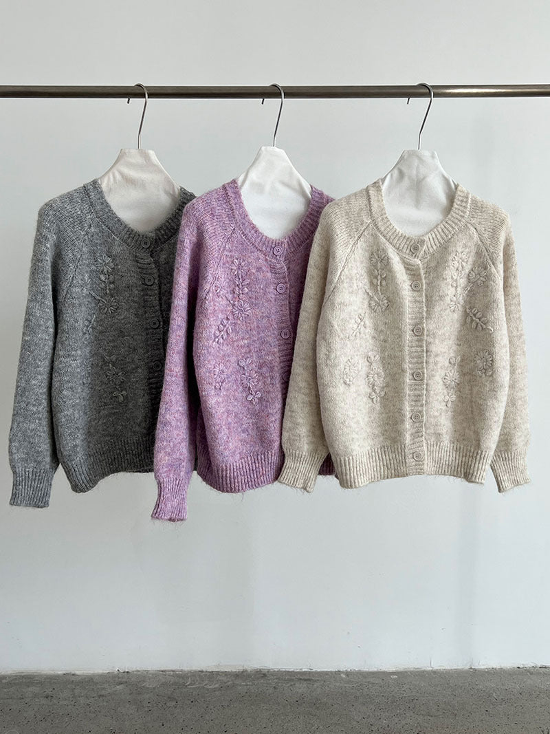 韓系立體手工花朵刺繡針織開衫外套-3色