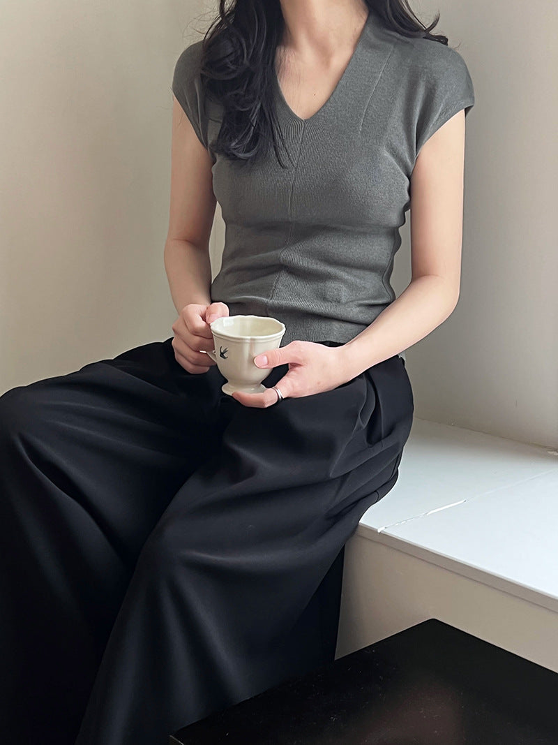 (48H出貨)螺紋V領小飛袖針織打底衫-6色