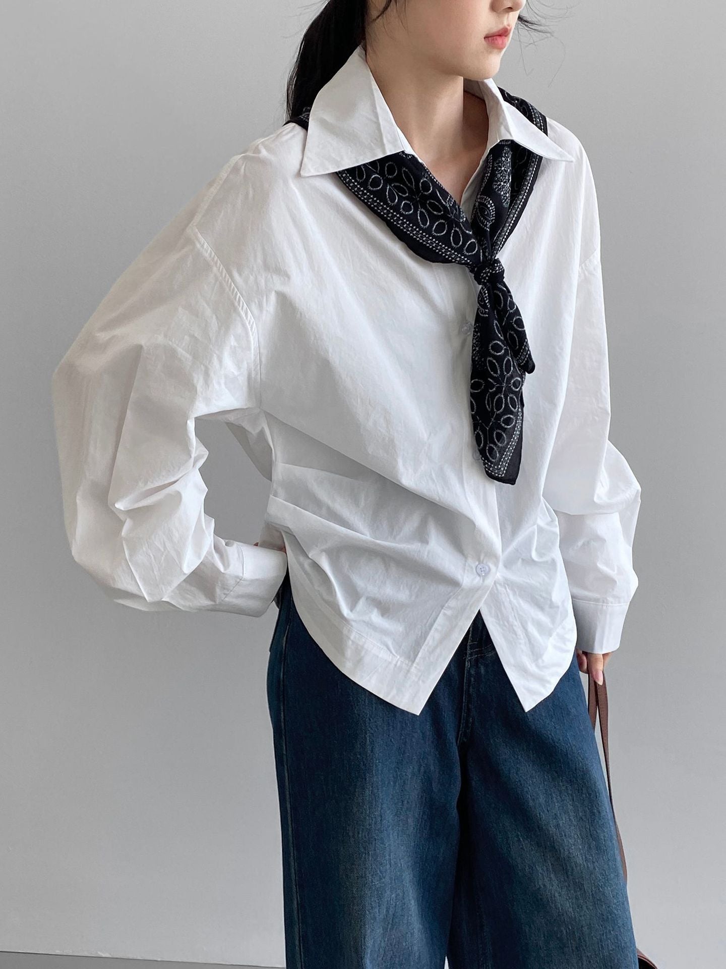 韓系通勤氣質顯瘦抽褶收腰襯衫+含披肩-3色