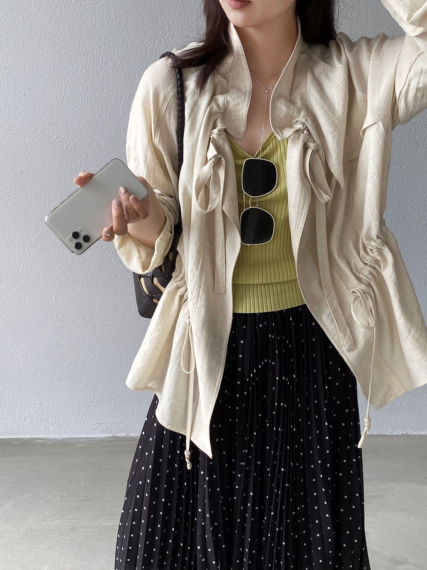 法式杏色亞麻收腰防曬襯衫
