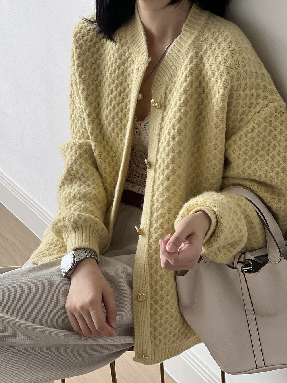 菠蘿紋愛心慵懶扣軟糯針織開衫-3色