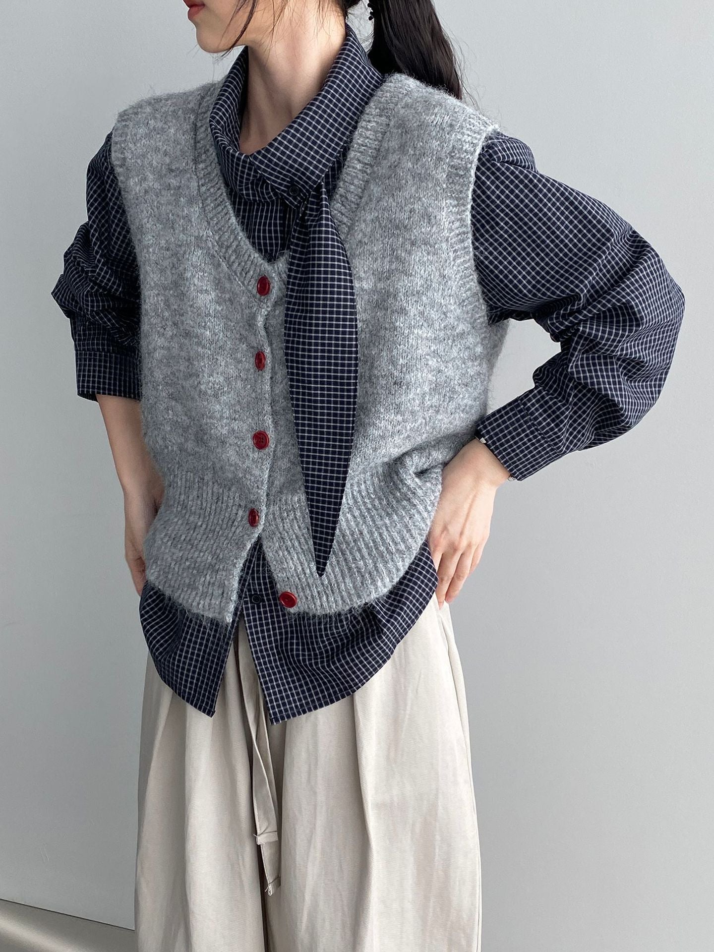 韓系設計感小衆領結格子襯衫-2色