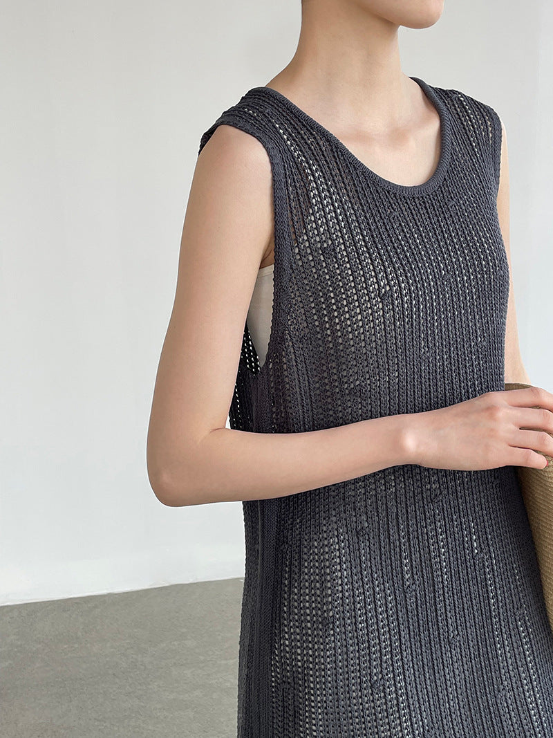 韓系側開叉圓領疊穿鏤空中長背心連身裙-4色