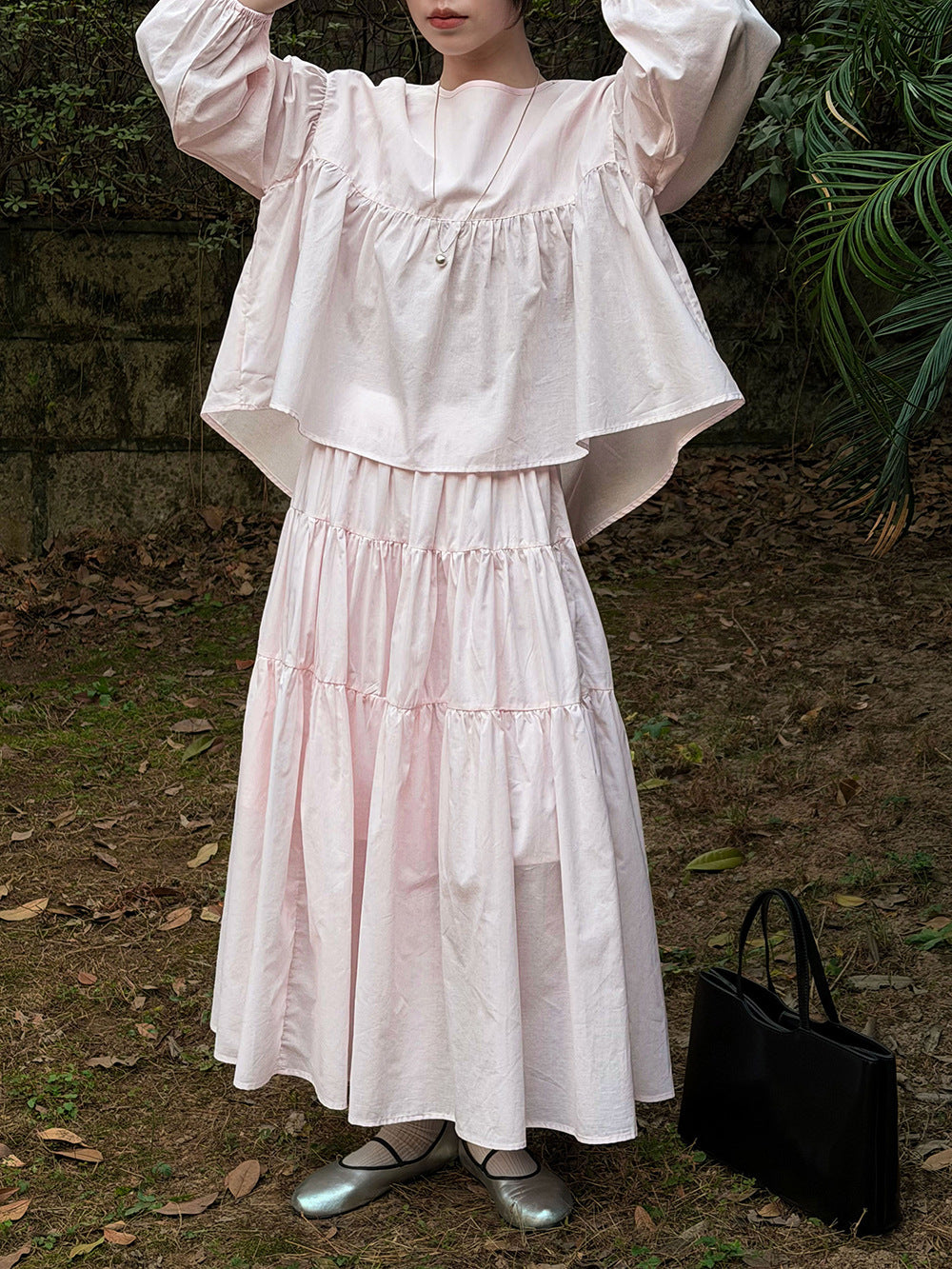 春感甜美娃娃衫+褶皺大擺半身裙-兩件式套裝-2色