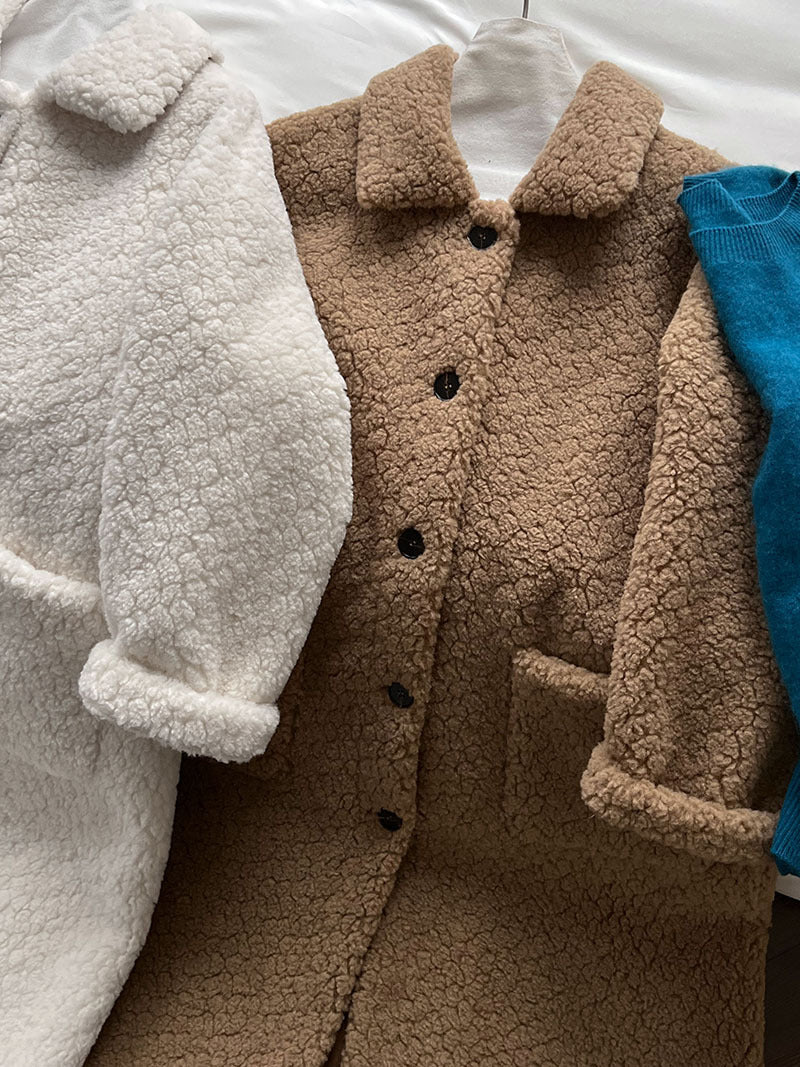 韓系加厚皮毛一體環保皮草羊羔毛大衣外套-2色