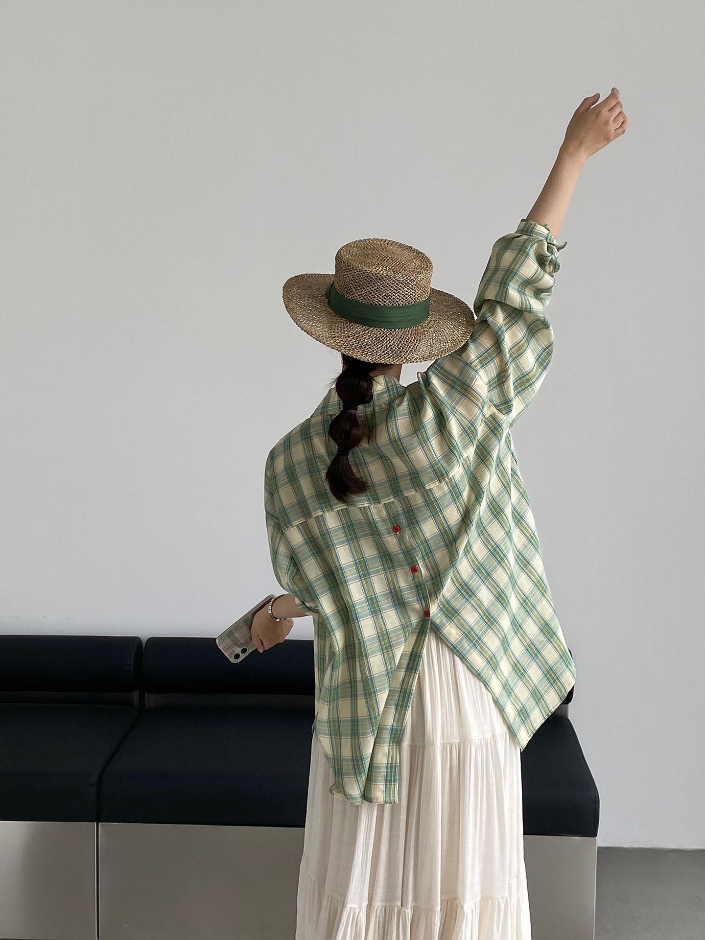 韓系綠色格子長袖防曬開叉撞色襯衫