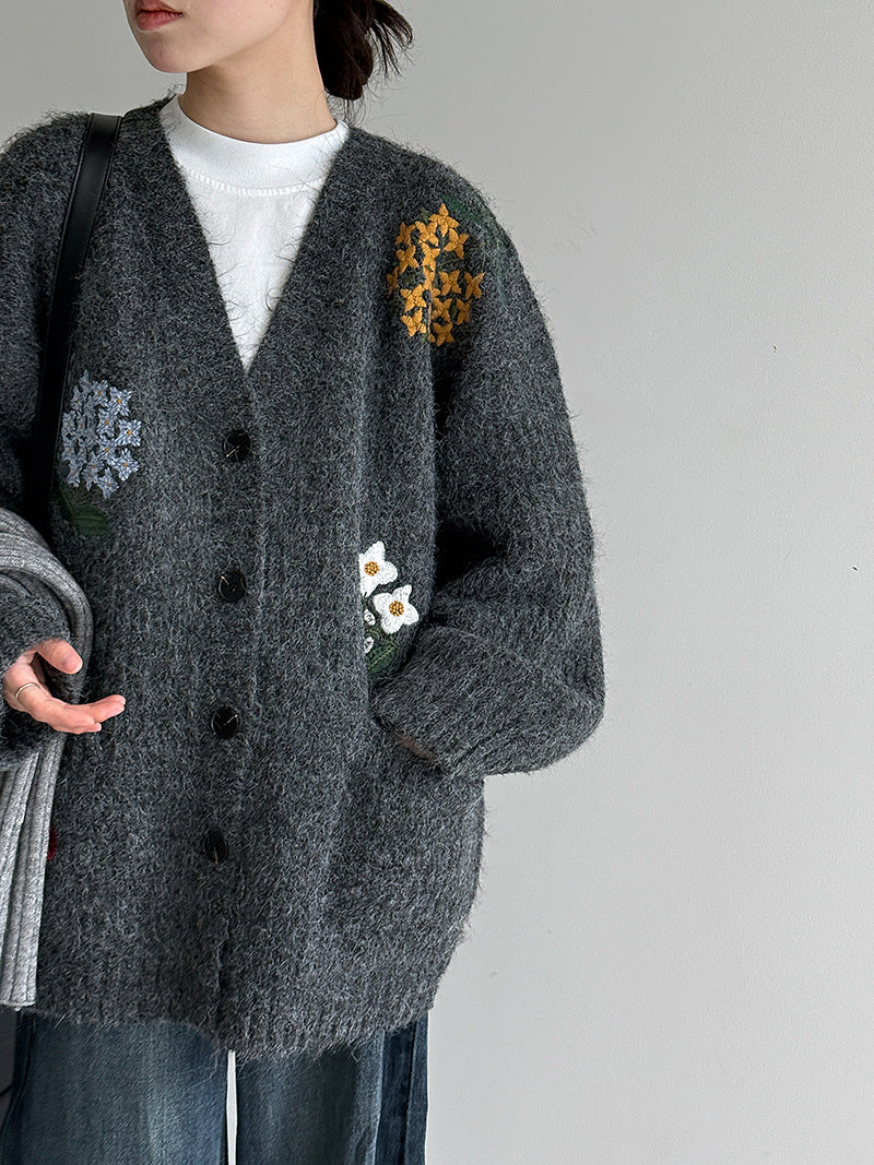 韓系復古軟糯花卉刺繡針織開衫外套-4色