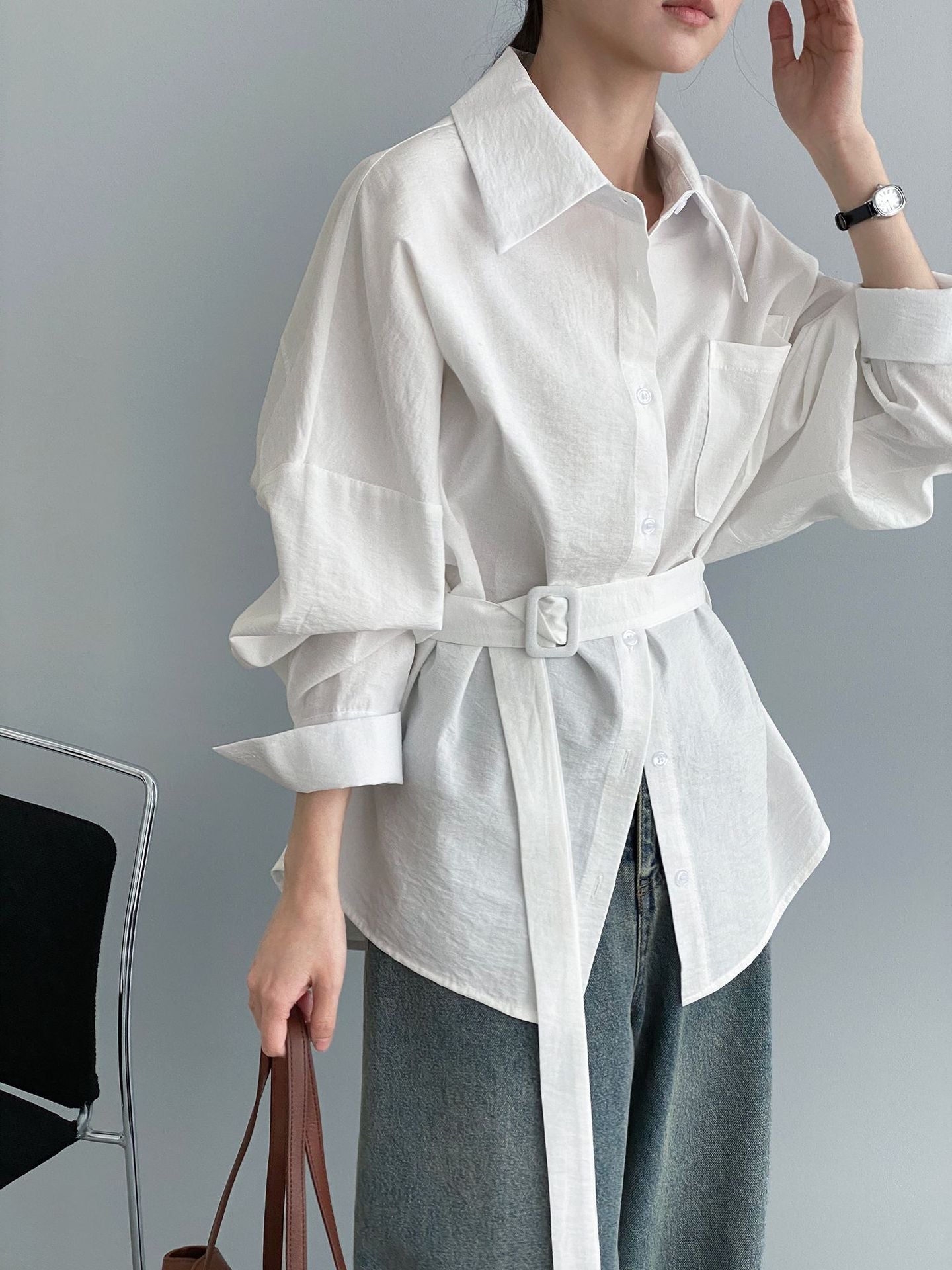 韓系時髦智感翻領簡約氣質收腰綁帶襯衫-2色