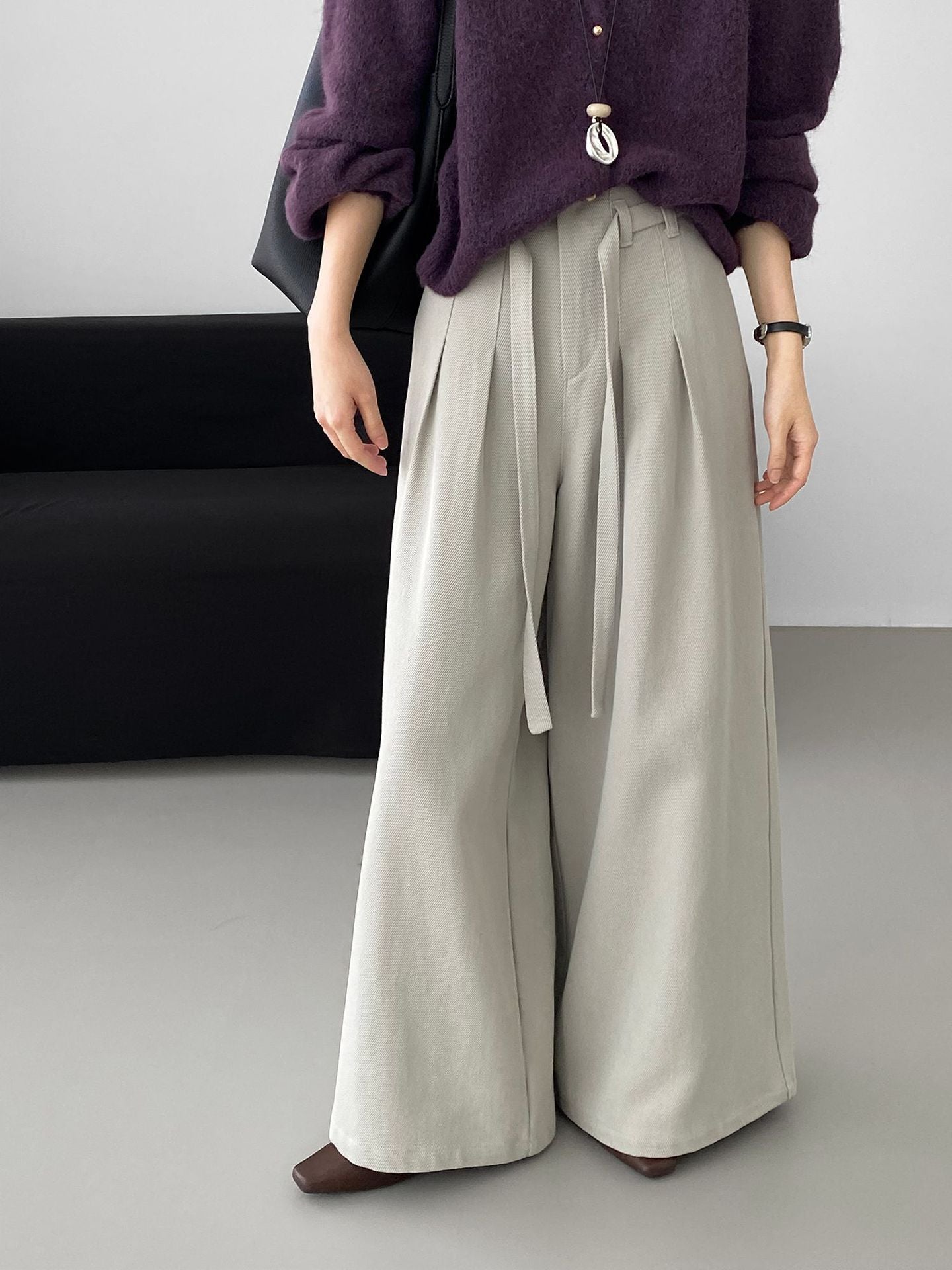 韓系簡約天絲棉繫帶闊腿褲-2色