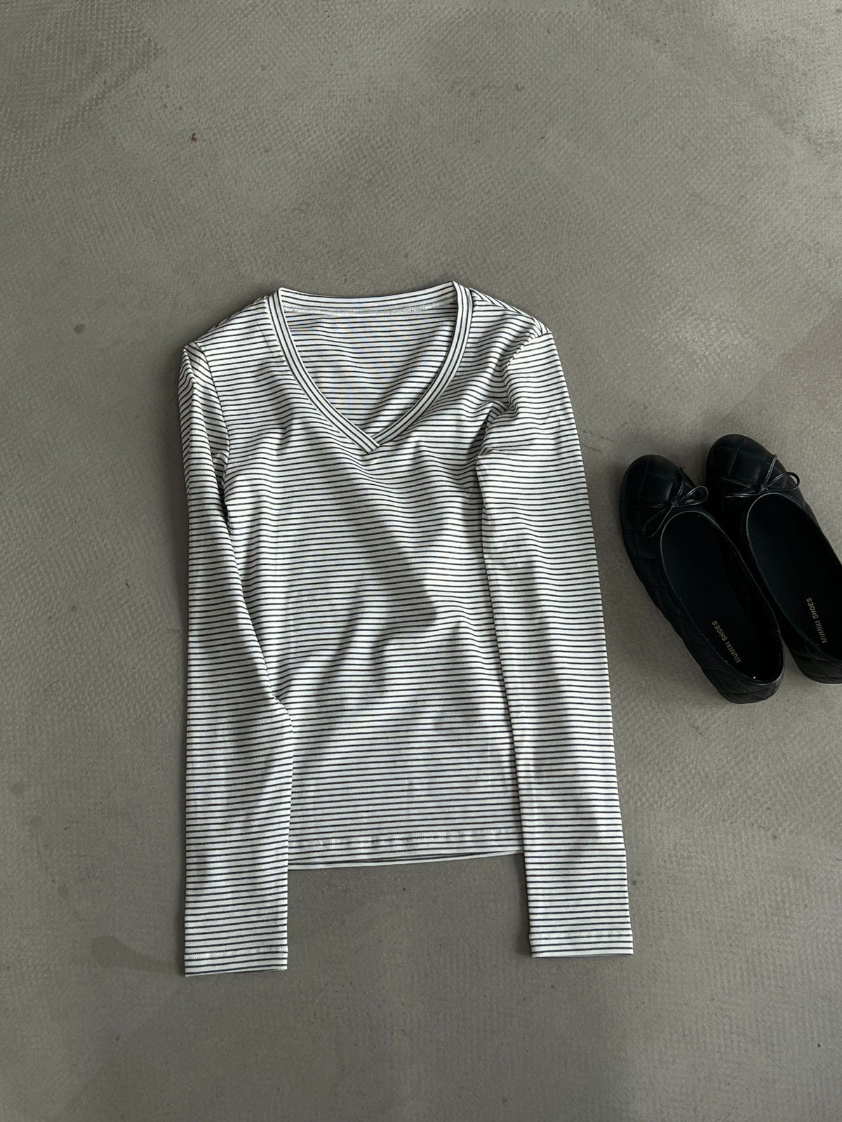 韓系V領條紋修身顯瘦長袖T恤-2色