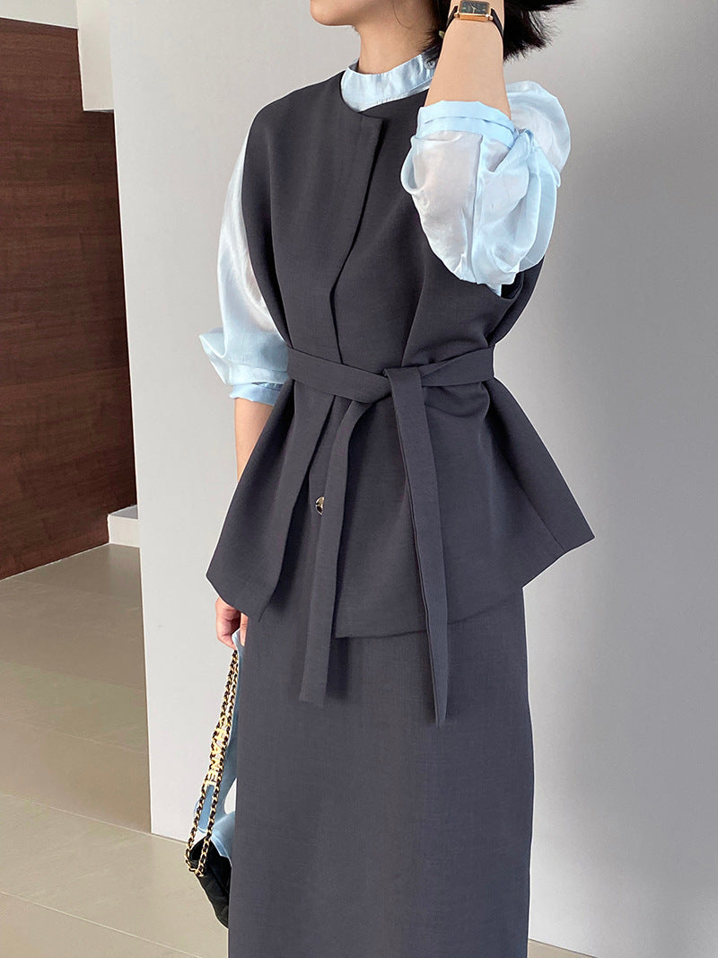 韓版高品質顯瘦西裝無袖馬甲+半身裙+配腰帶-三件式套裝