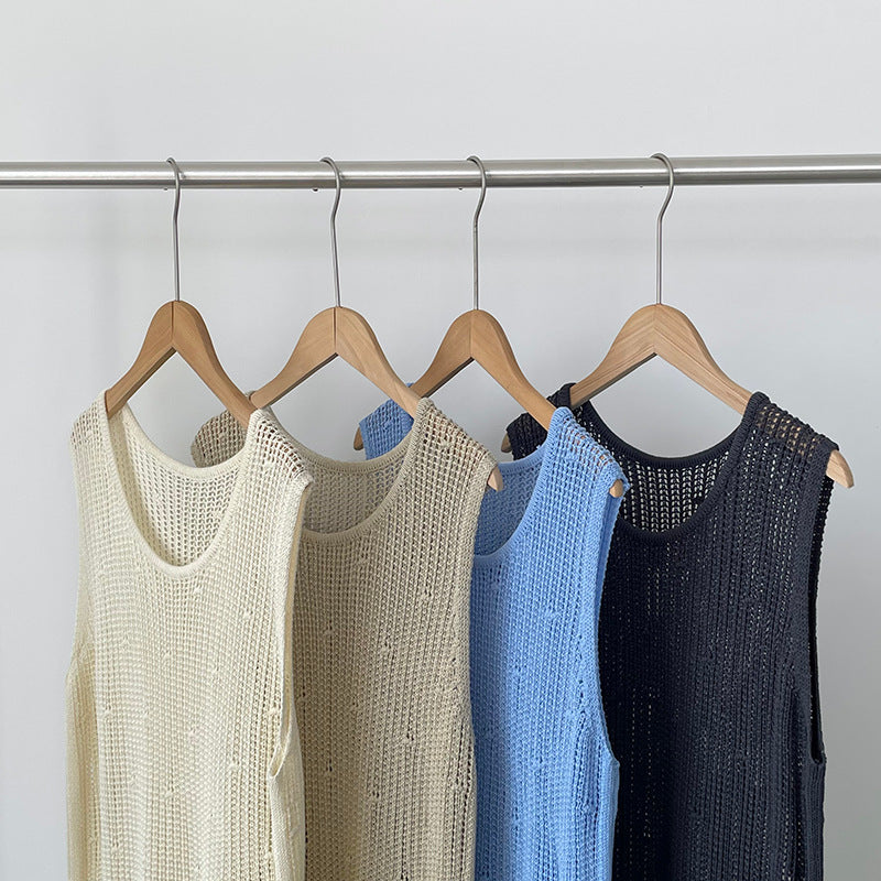 韓系側開叉圓領疊穿鏤空中長背心連身裙-4色