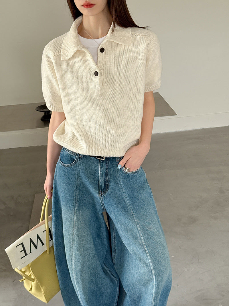 韓系氣質疊穿簡約Polo領針織顯瘦短袖毛衣-3色