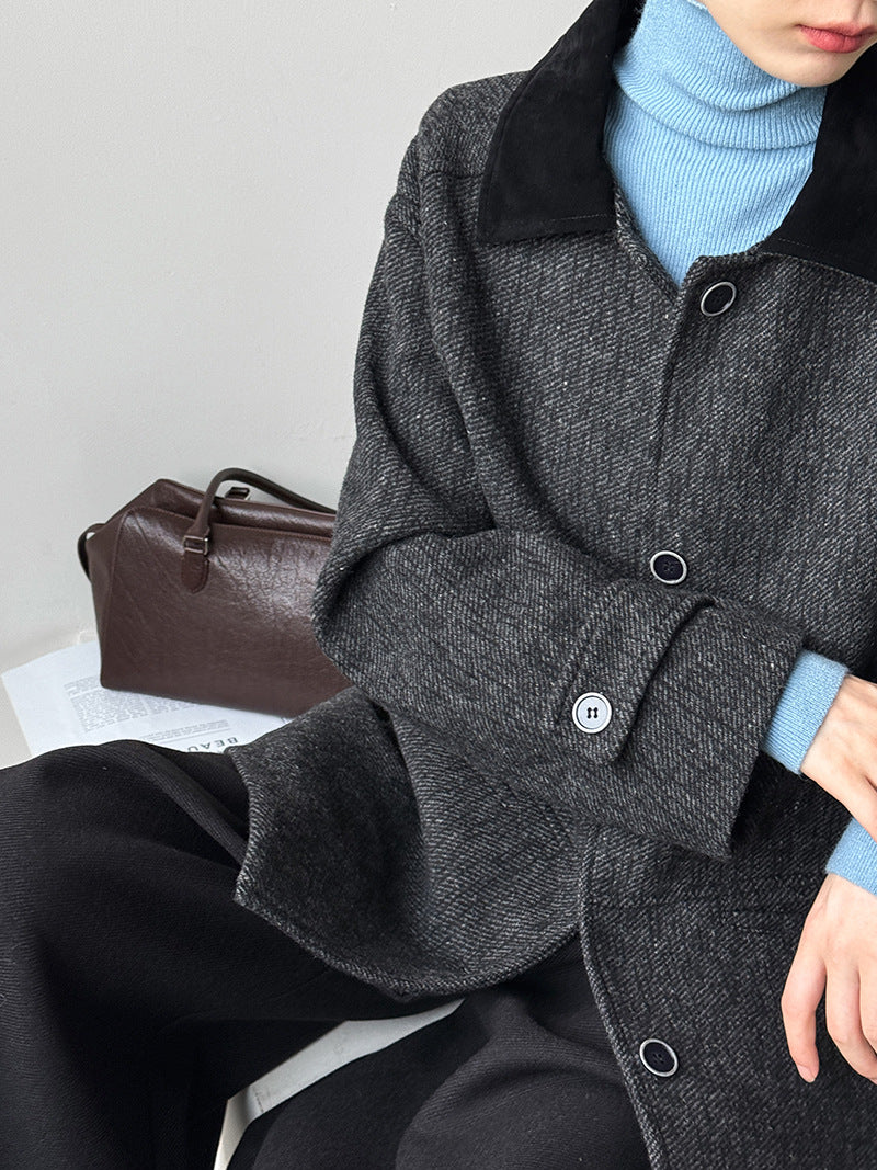 韓系復古翻領氣質撞色羊毛夾克外套-2色