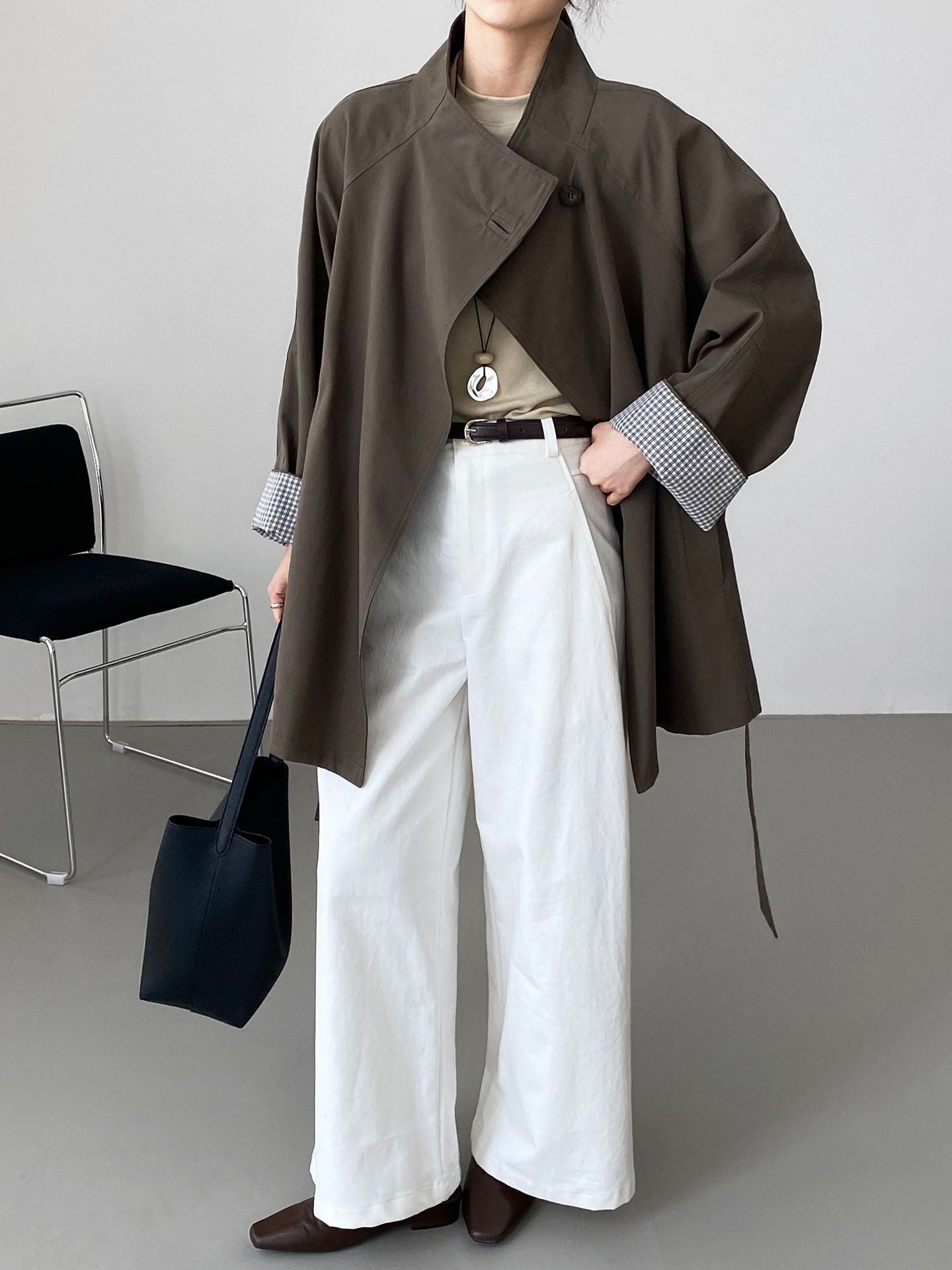 韓系復古英倫風立領寬鬆顯瘦收腰風衣外套-3色