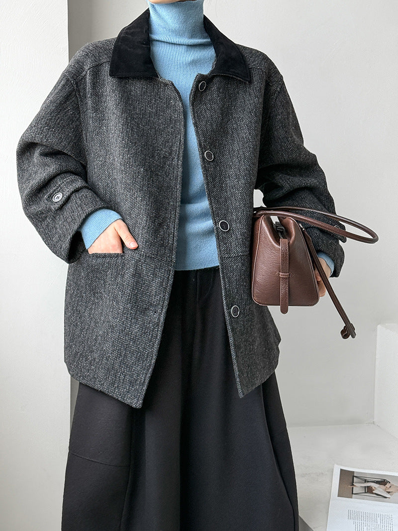 韓系復古翻領氣質撞色羊毛夾克外套-2色