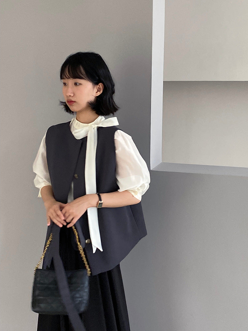 韓版高品質顯瘦西裝無袖馬甲+半身裙+配腰帶-三件式套裝