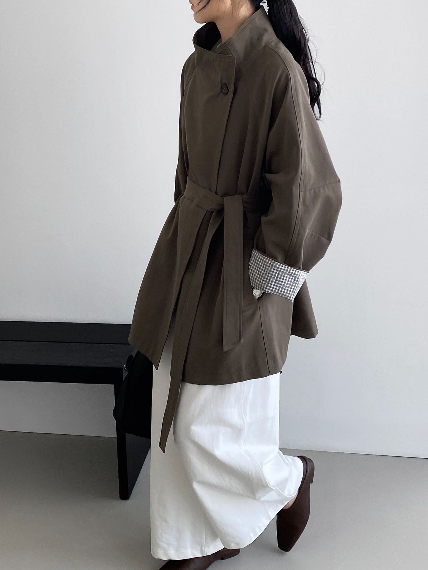 韓系復古英倫風立領寬鬆顯瘦收腰風衣外套-3色