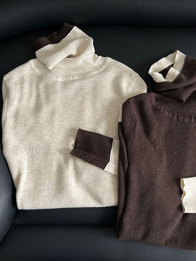 修身顯瘦軟糯撞色高領打底針織衫-3色