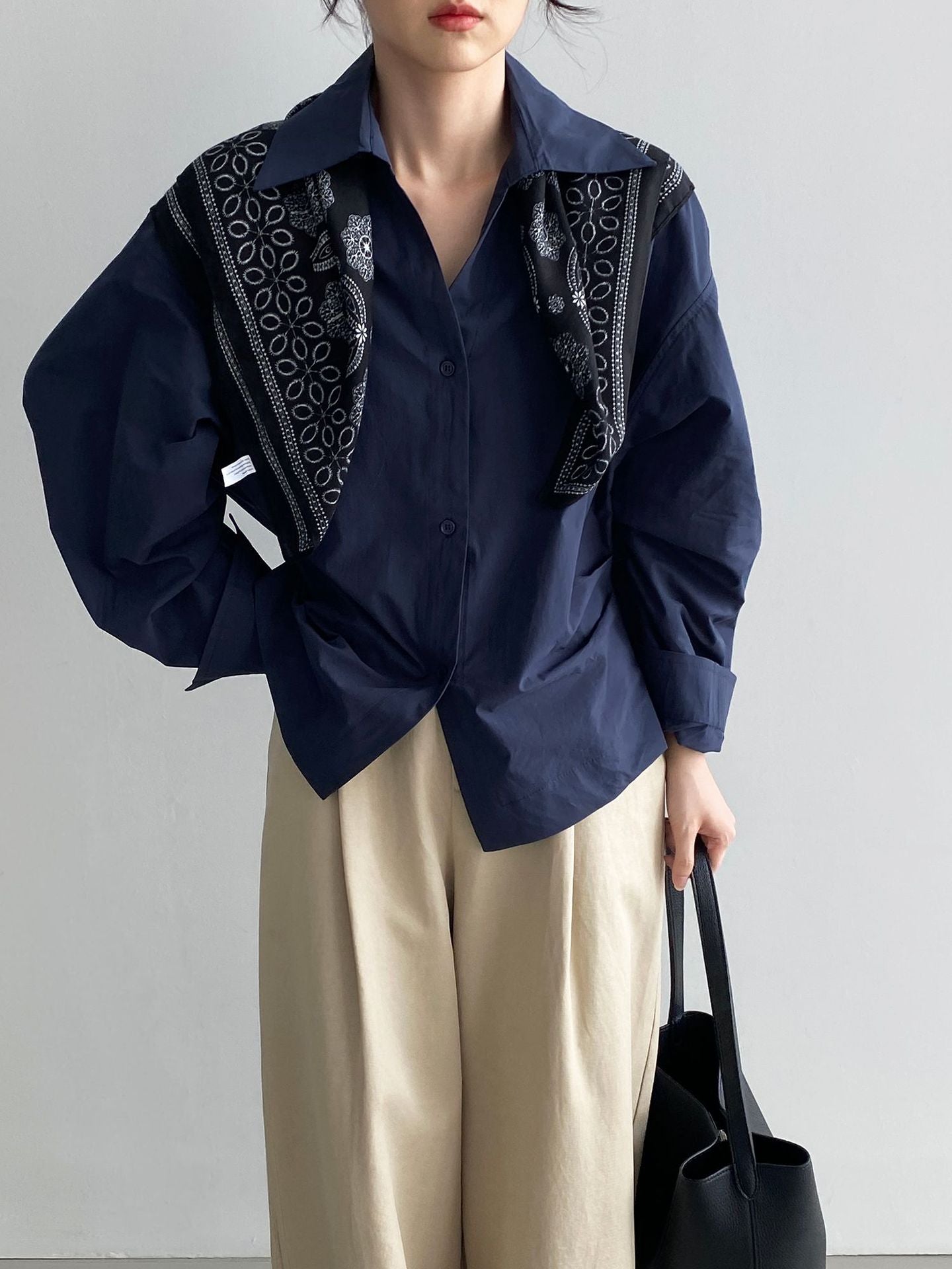 韓系通勤氣質顯瘦抽褶收腰襯衫+含披肩-3色