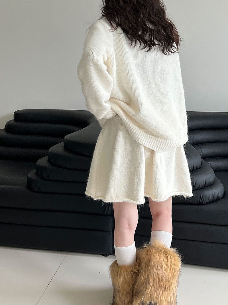 韓系軟糯休閒針織毛衣+卷邊A字短裙-兩件式套裝-3色