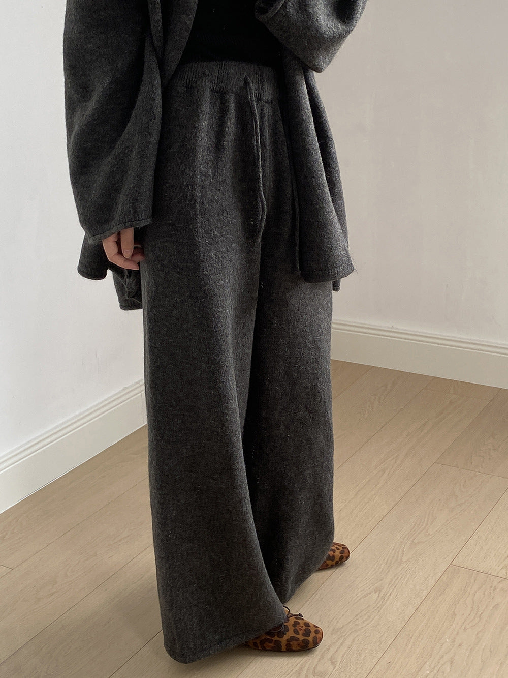 (48H出貨)高級慵懶風繫帶針織開衫+高腰闊腿褲-兩件式套裝-3色