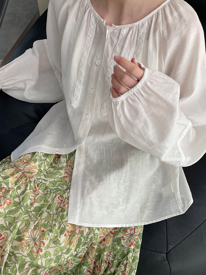 法式刺繡拼接燈籠袖圓領娃娃衫襯衫-2色