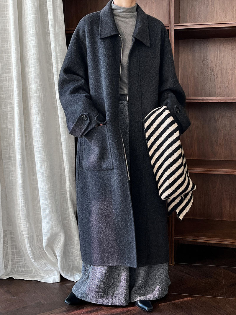 韓系高質感羊毛翻領拉鍊雙面呢大衣外套-2色