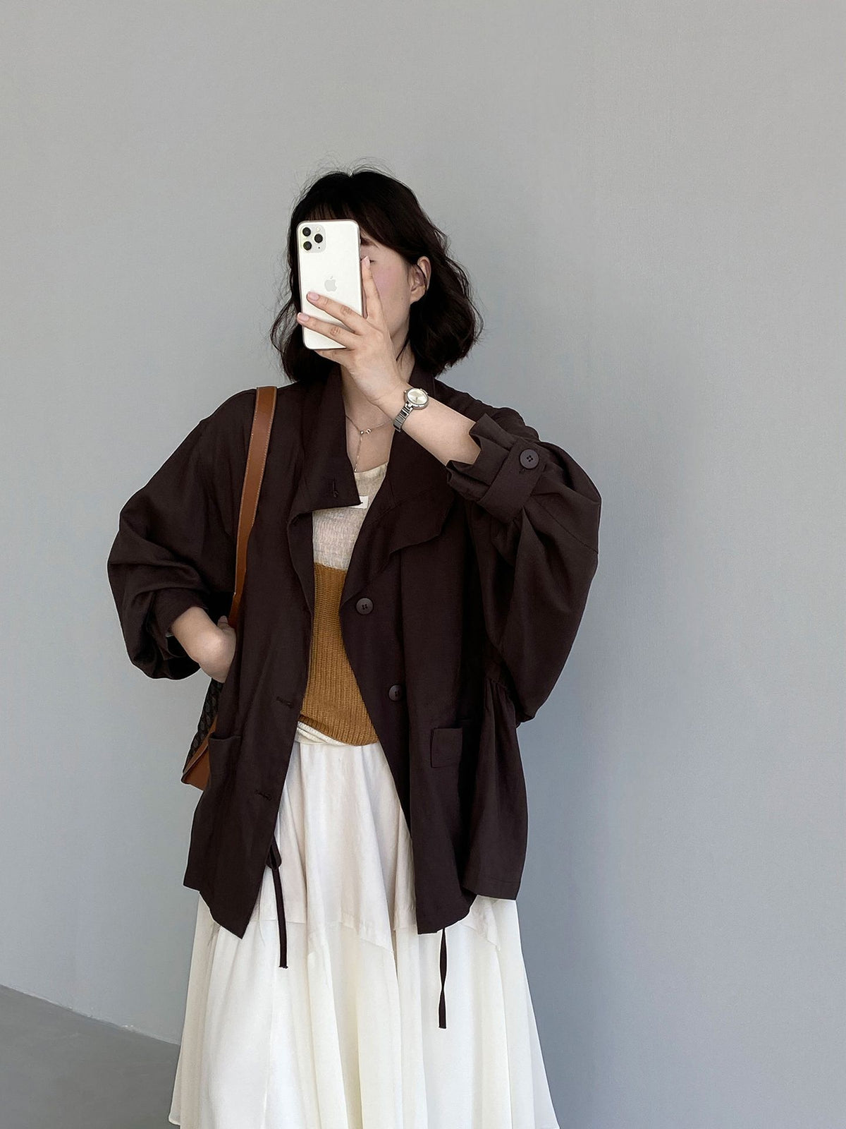 松系美學老錢風廓形蝙蝠袖亞麻風衣