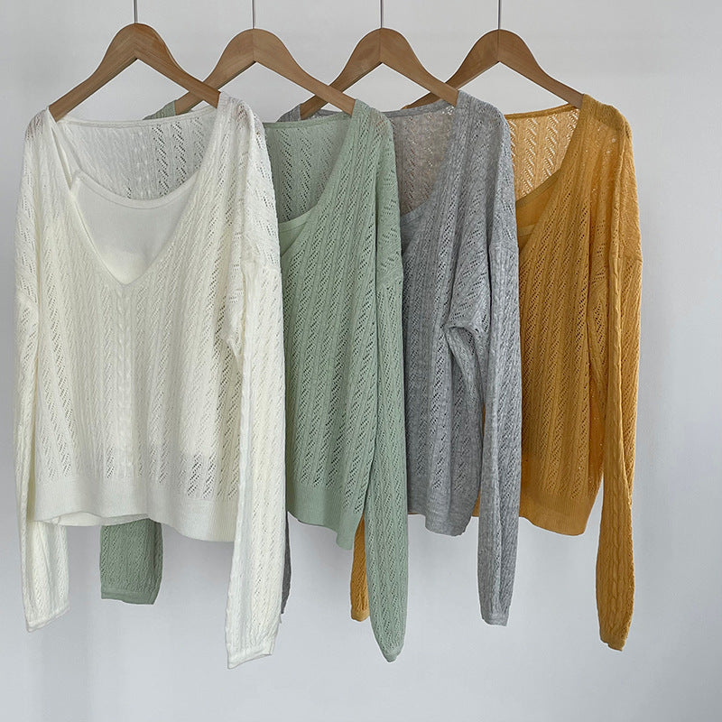 韓系鏤空V領防曬針織罩衫+吊帶上衣-兩件式套裝-4色