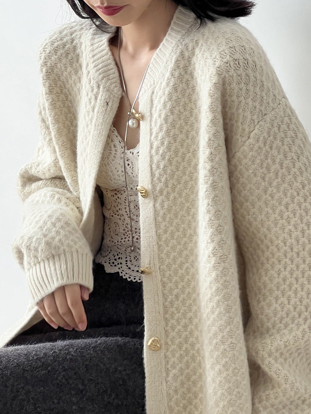 菠蘿紋愛心慵懶扣軟糯針織開衫-3色